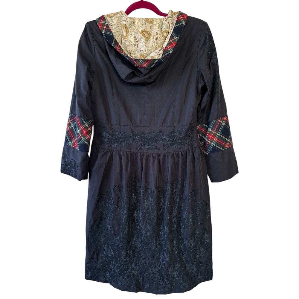 Anna Sui Retro Navy Blue Tartan and Lace Hooded Rain Coat Women’s 38 Small Y2K - Picture 2 of 8
